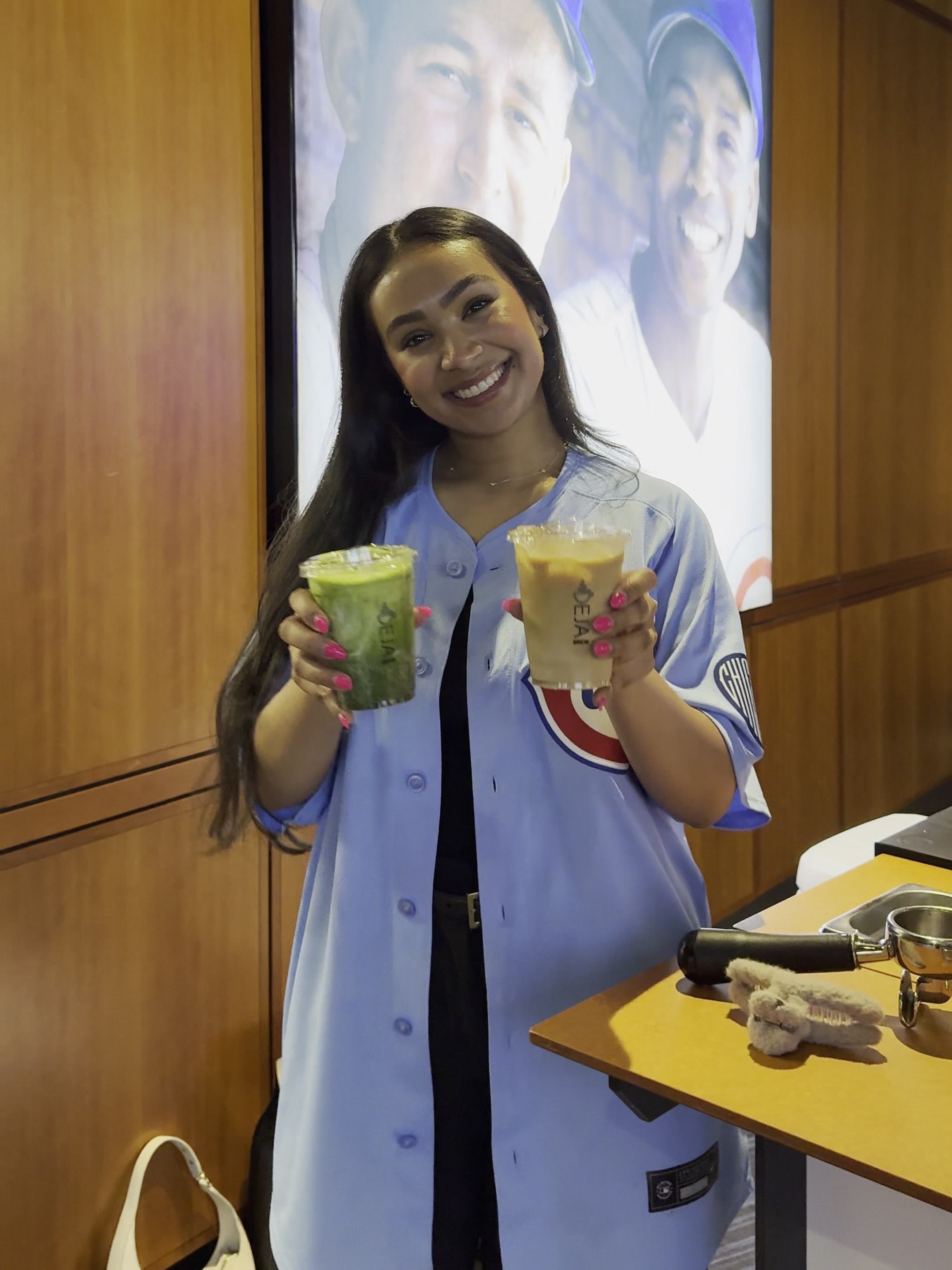 Anum with drinks at the Chicago Cubs activation