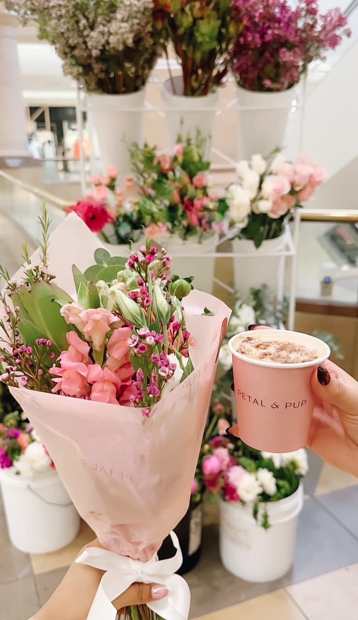 Petal & Pup — bouquet and branded cup